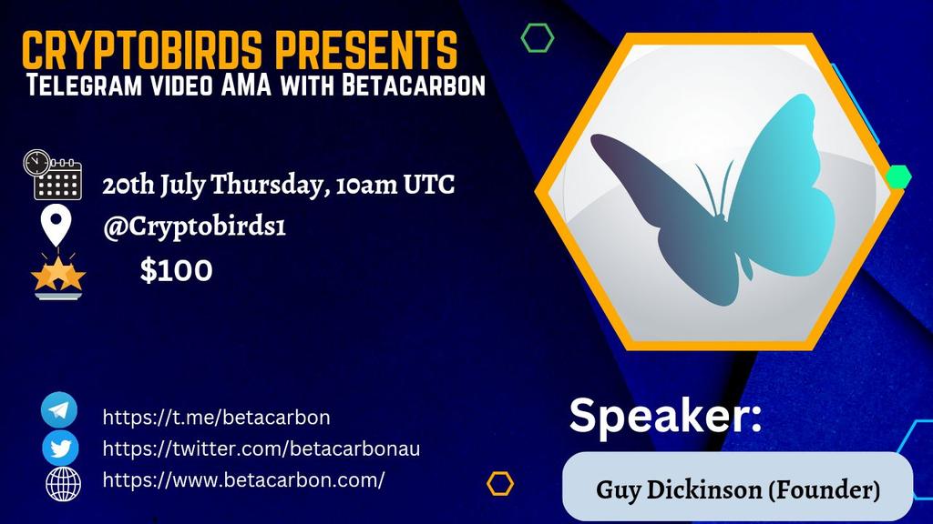 Crypt0_Birds's tweet image. CryptoBirds Telegram Live AMA with Betacarbon
🕰 When: 20th July at 10:00 AM UTC
🏛 Where: t.me/cryptobirds1
🎖 Prize pool: $100

 Follow @Crypt0_Birds &amp;amp; @betacarbonau

Rules:
1️⃣ Follow @Crypt0_Birds and @betacarbonau
2️⃣ Like &amp;amp; Retweet this post 
3️⃣ Max 3 questions allowed