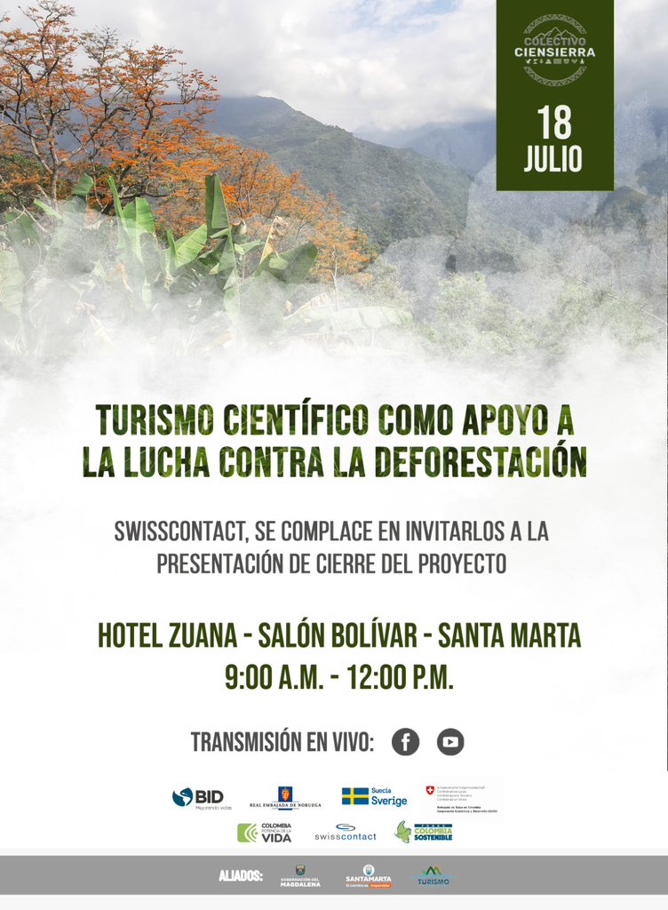 #Hoy en #SantaMarta Turismo Científico como Apoyo a la Lucha Contra la Deforestación! 
Un proyecto financiado por Suiza, Noruega y Suecia, ejecutado por <a href="/Swisscontact/">Swisscontact</a> que crea 4 rutas de turismo científico con una gestión ambiental responsable con el territorio y las comunidades