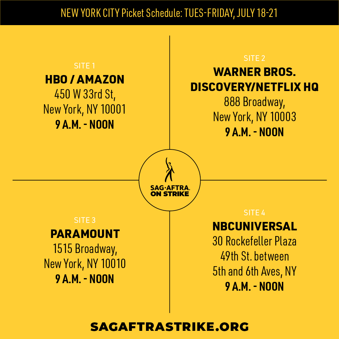 sagaftra's tweet photo. Good morning LA and NY #sagaftramembers! We're staying hydrated and protected on the #SAGAFTRAstrike picket lines this week. Don't forget your water bottles and sunscreen! #SAGAFTRAstrong

🪧 Get more info at https://t.co/EE6qPXDPTr https://t.co/aAMYIu8pn4