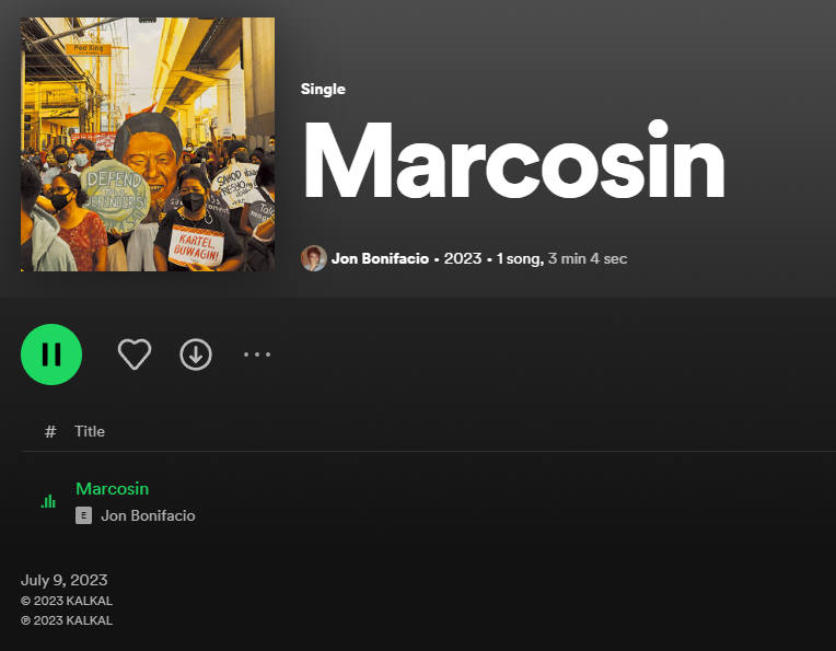 MARCOSIN OUT NOW ON SPOTIFY, YOUTUBE MUSIC, APPLE MUSIC, ATBP. 💚❤️ Saktong next week ang SONA, mamarcosin na naman tayo. MARCOS INUTIL, MARCOS TUTA, MARCOS PASISTA! Stream now on Spotify 👉 open.spotify.com/album/20JPxWZp…