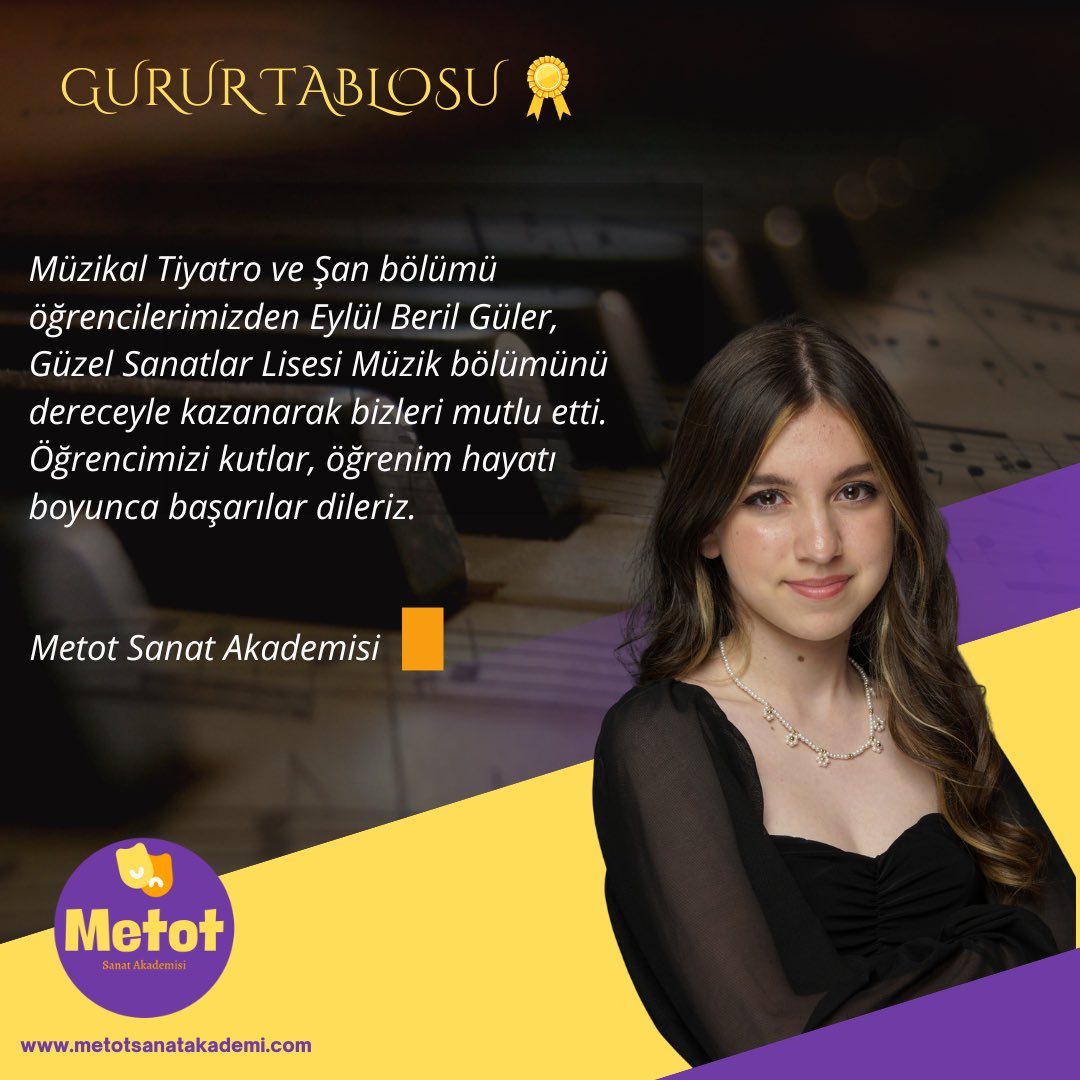 Tebrikler Beril! 👏🏼

Müzikal Tiyatro ve Şan bölümü öğrencilerimizden Eylül Beril Güler, Güzel Sanatlar Lisesi Müzik Bölümünü dereceyle kazanarak bizleri mutlu etti. Öğrencimizi kutlar, öğrenim hayatı boyunca başarılar dileriz.

#metotsanatlaçağdaşeğitim