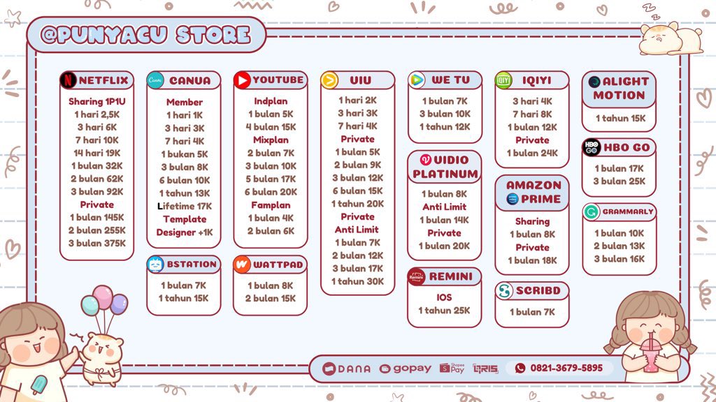 ୭ 🍧  jual aplikasi premium murah! 
ada netflix, amazon, canva, youtube &amp; masih banyak lagi 💓

:⋆˚🌷 Trusted since 2021
:⋆˚🌷 100% Aman dan Bergaransi 
:⋆˚🌷 Payment All e-wallet &amp; Qris 

750+ testi ˚˓ ꒱ t.me/testipunyacu
order via dm / wa ke tiny.cc/wapunyacu
