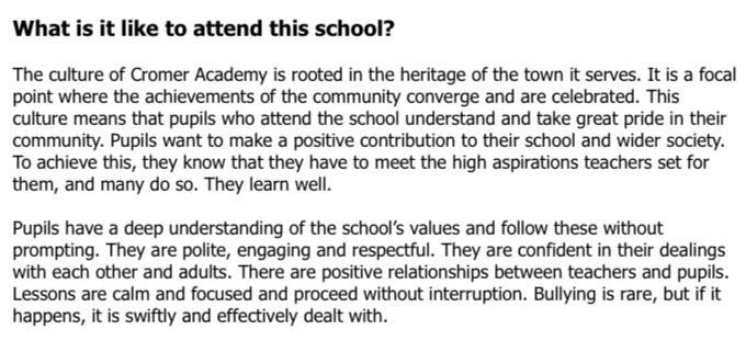 AcademyCromer's tweet photo. We are super proud of our entire school community, and we all share in such a positive @ofstednews report. @AcademyCromer has been recognised as a values driven school where the culture is thriving. #thecromerway

https://t.co/ztWC2OkHs4 https://t.co/AOR2Nj6HrY