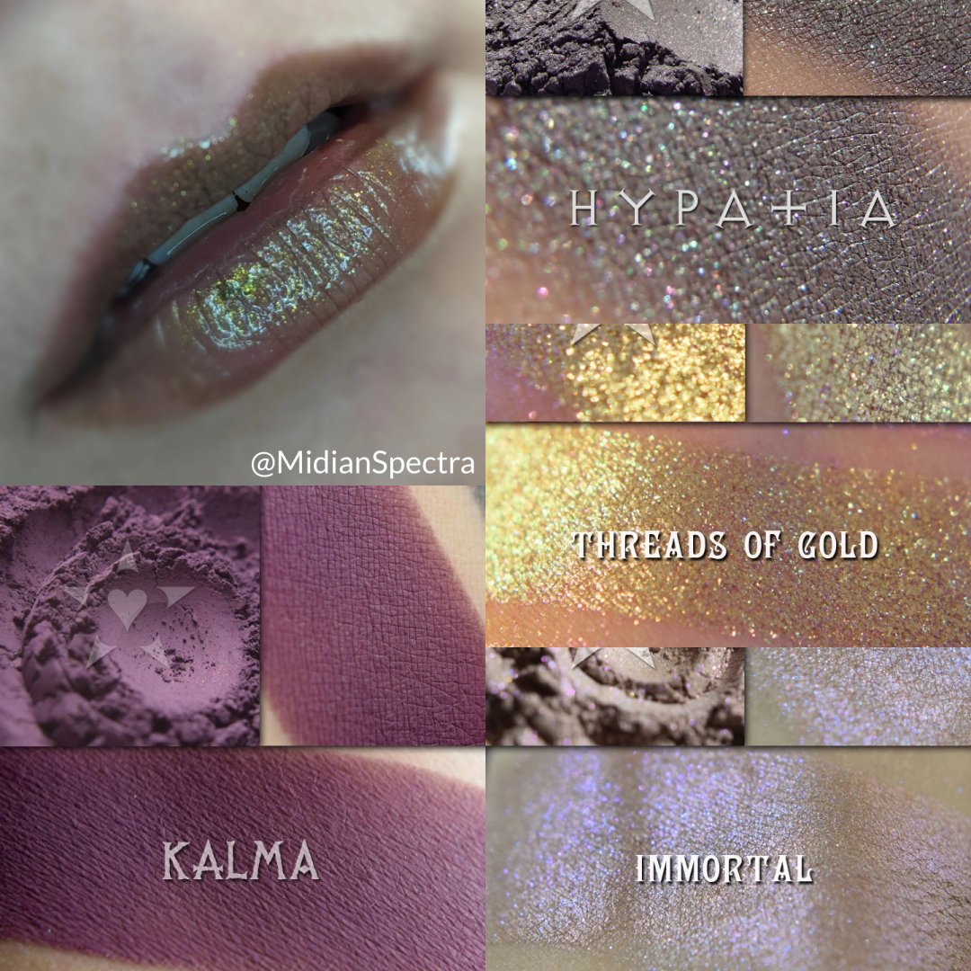 aromaleigh's tweet photo. Deep summer color story, featuring Tapestry lipgloss, Kalma matte shadow, Hypatia frost, Threads of Gold chromatic topper and Immortal highlighter!

These particular shades inspired by historical women and Greek mythology. Shop https://t.co/oVJTNodCgE https://t.co/C7D49dSm2q