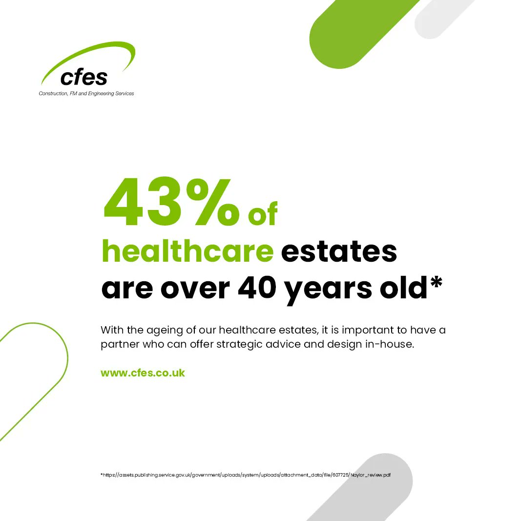 cfesltd's tweet photo. 43% of healthcare estates are over 40 years old*
This means that there is a need to improve these ageing facilities for them to match current demand or future growth potentials. 

enquiries@cfes.co.uk https://t.co/di56oQxwM6