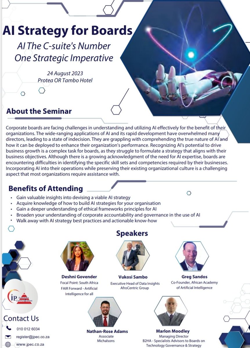 We have designed a full day of expert advisory for executives and leaders on the important topic of AI Strategy in organisations. Contact us now to register you for this exclusive event. #ai #aichatbots #boardstrategy #ArtificialIntelligence #leadership