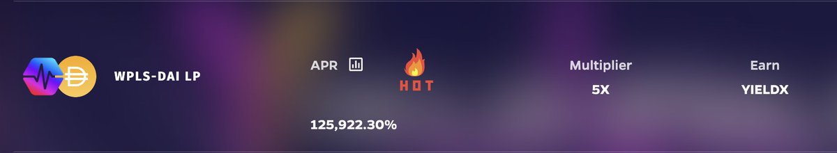 👉 New Non-Native Lp Farm Added🚨
 $WPLS - $DAI LP  Pool with 4% fee.

Check out 🔥 APR 

#PulseChain #DeFi #PulseViral #Staking #hexicans #BTC #ETH #yieldx