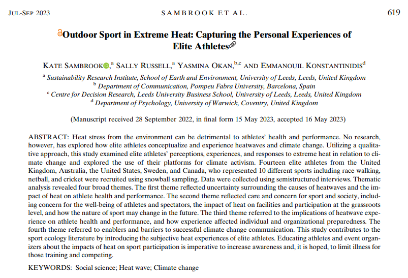 📢 Our paper 'Outdoor Sport in Extreme Heat: Capturing the Personal Experiences of Elite Athletes' is out today! 

Thank you to everyone involved 🙏

Link below ⬇️
journals.ametsoc.org/view/journals/…