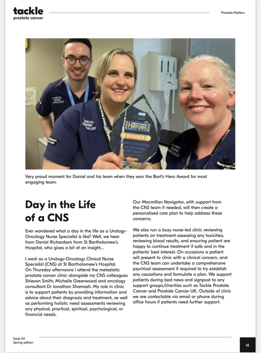 Thank you @TackleProstate for asking me to contribute to the Spring issue of Prostate Matters. Am proud of the work my colleagues and I did to care for our metastatic prostate cancer patients, but we really couldn’t have done it without the support from charities such as Tackle❤️