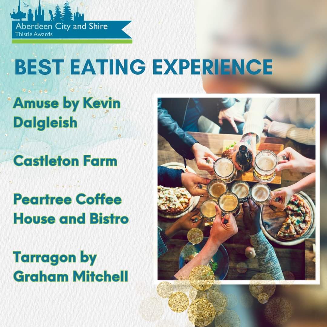 Drumroll please.... Our finalists for Best Eating Experience are Amuse by Kevin Dalgleish , Castleton Farm , Peartree Coffee House and Bistro and Tarragon By Graham Mitchell 
 #TourismAwards #HospitalityAwards #tourismandhospitality #tourism #hospitality #acsta2023