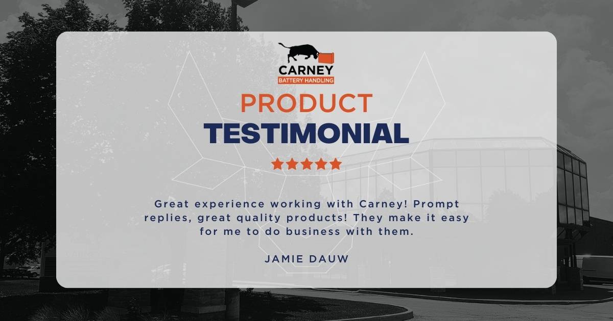 The best result in our pursuit of innovation and quality is reading the positive feedback from our valued partners. Here's what Jamie had to say. #carneybatteryhandling #googlereview #customersatisfaction