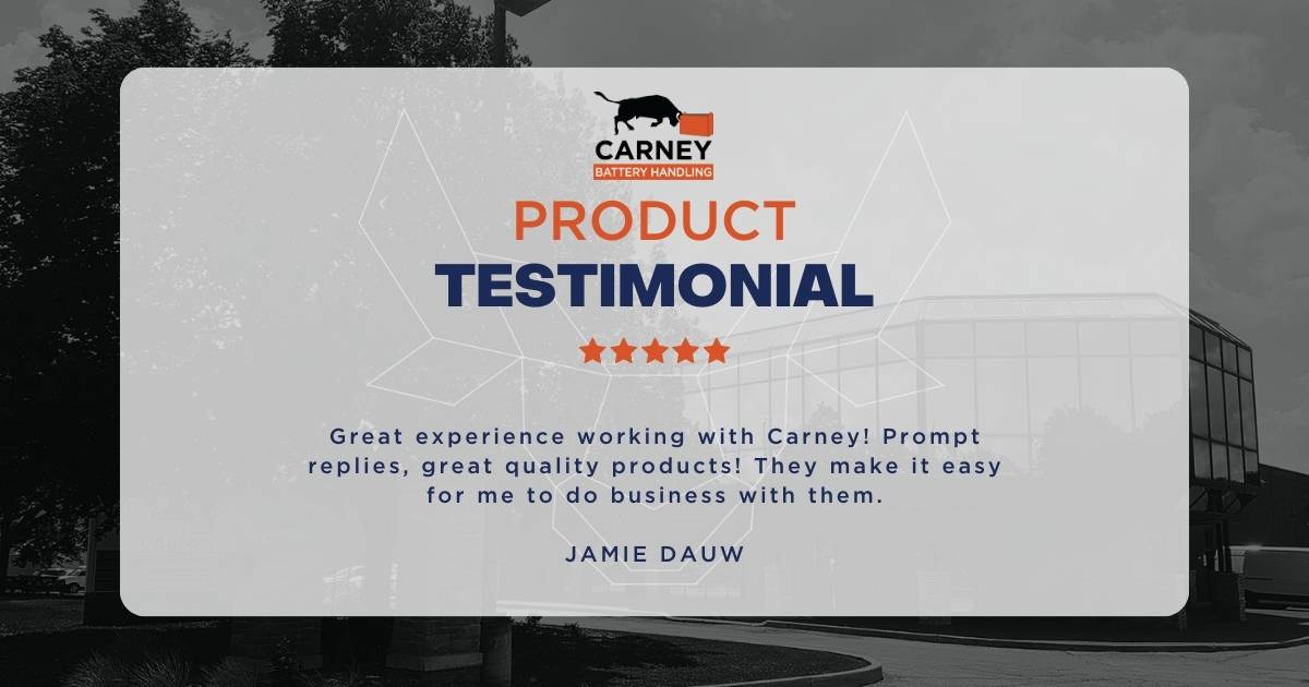 The best result in our pursuit of innovation and quality is reading the positive feedback from our valued partners. Here's what Jamie had to say. 

#carneybatteryhandling #googlereview #customersatisfaction
