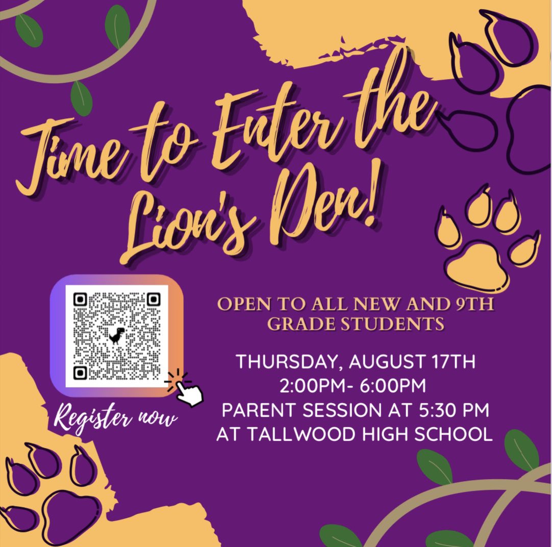 Attention New Lions! Save the DATE🚨Join us August 17th for our Tallwood transition program. Register today! #DAREtoROAR