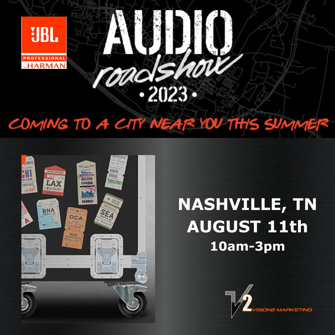 Vision2Mktg's tweet photo. Join us at the @JBLaudio Audio Roadshow in Nashville, TN on August 11! Experience the power of JBL's SRX900 Series, and VTX A Series. RSVP now to secure your spot! 

https://t.co/3uRDZkec7V

#JBLPro #Tradeshow #Events #ProAudio https://t.co/hoBYNWPv9Z