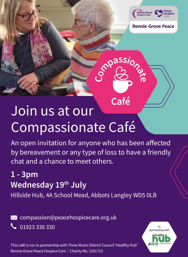Tomorrow, join us at the Compassionate Cafe in Abbots Langley!

If you've been affected by grief or loss, come down for a friendly chat

📅 Wednesday, 19th July 
⏰1-3pm 
 📍 Hillside Hub, 4A School Mead 

#ThreeRivers #HealthyHub <a href="/peacehospice/">Peace Hospice Care</a>