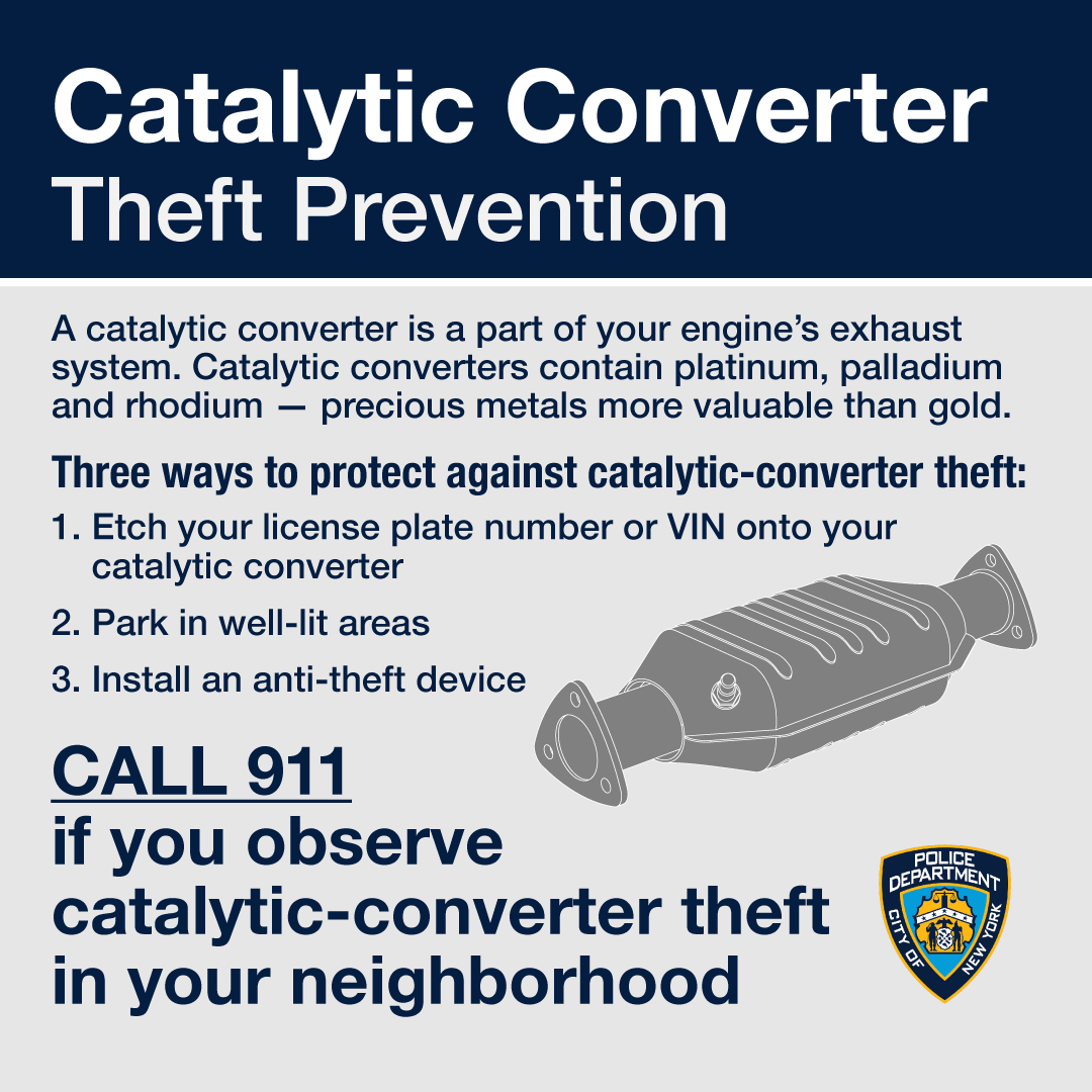 NYPDnews's tweet photo. ⚠️Thieves are targeting catalytic converters hoping to cash in on the precious metals inside them.

Here are some tips on how to protect your car against catalytic converter thefts! https://t.co/3lZ2gXQUC7