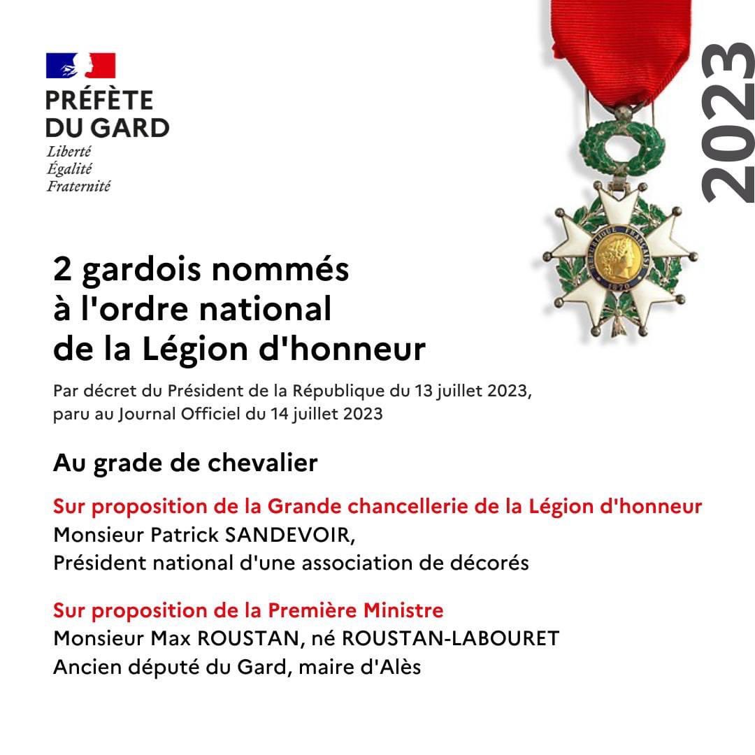 Prefet30's tweet photo. [#médailles]🎖️Par décret du Président de la République du 13 juillet 2023 paru au Journal Officiel du 14 juillet 2023, 2 gardois ont été nommés au grade de chevalier de l’ordre national de la Légion d'honneur. https://t.co/ToPX2DLg91