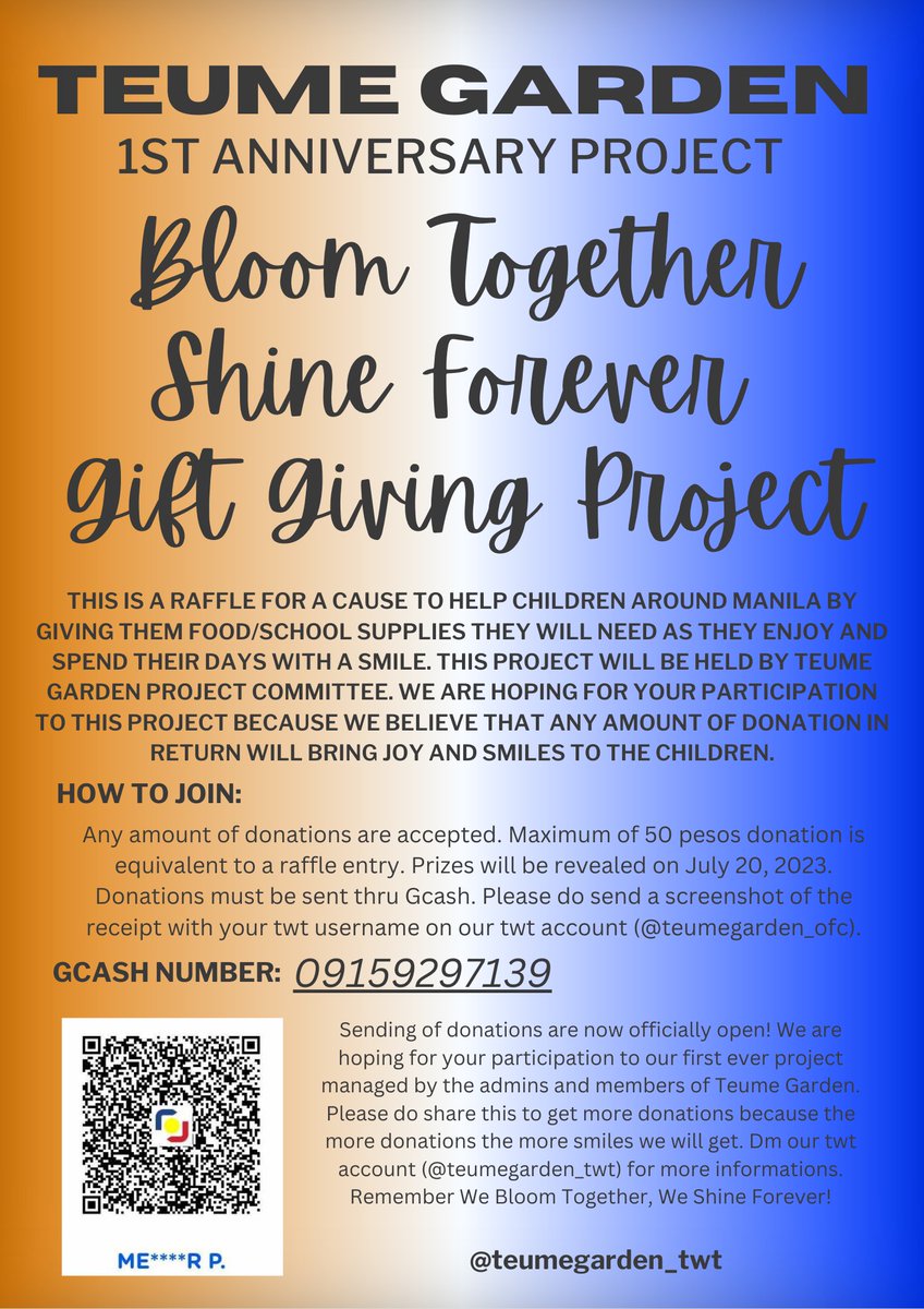 TEUME GARDEN 1ST ANNIVERSARY PROJECT

BLOOM TOGETHER SHINE FOREVER GIFT GIVING PROJECT

dm us for more info!

#TG1STANNIVERSARY
#BLOOMTOGETHERSHINEFOREVER
#TEUMEGARDEN