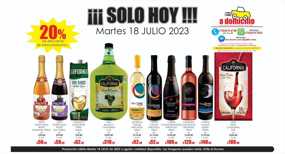 vinoselgallito's tweet photo. AMIGALLITOS…
#solohoy #martes #servicioadomicilio #amigallitos #promociones #vinotinto #vinoblanco #vinorosado #4soles #cuatrosoles #california #frutte https://t.co/KRr80JtIbZ