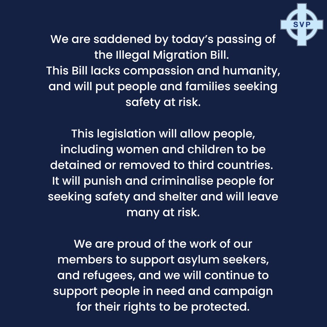 SVPEnglandWales's tweet photo. We are saddened by today’s passing of the Illegal Migration Bill. It lacks compassion and humanity, and will put people and families seeking safety on our shores at risk.
#IllegalMigrationBill #StandWithRefugees https://t.co/GL38iqUH1f