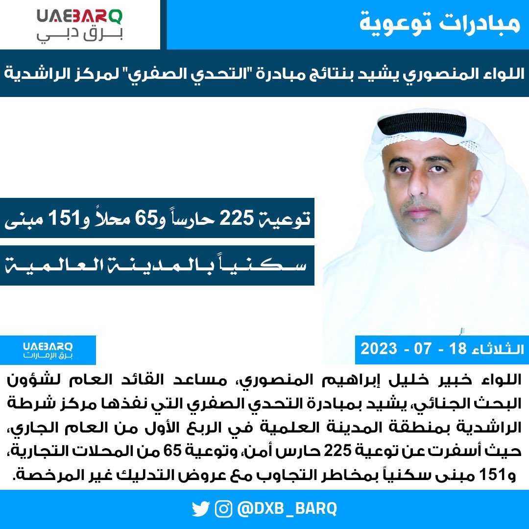 اللواء المنصوري يشيد بنتائج مبادرة "التحدي الصفري" لمركز الراشدية. 

#برق_دبي