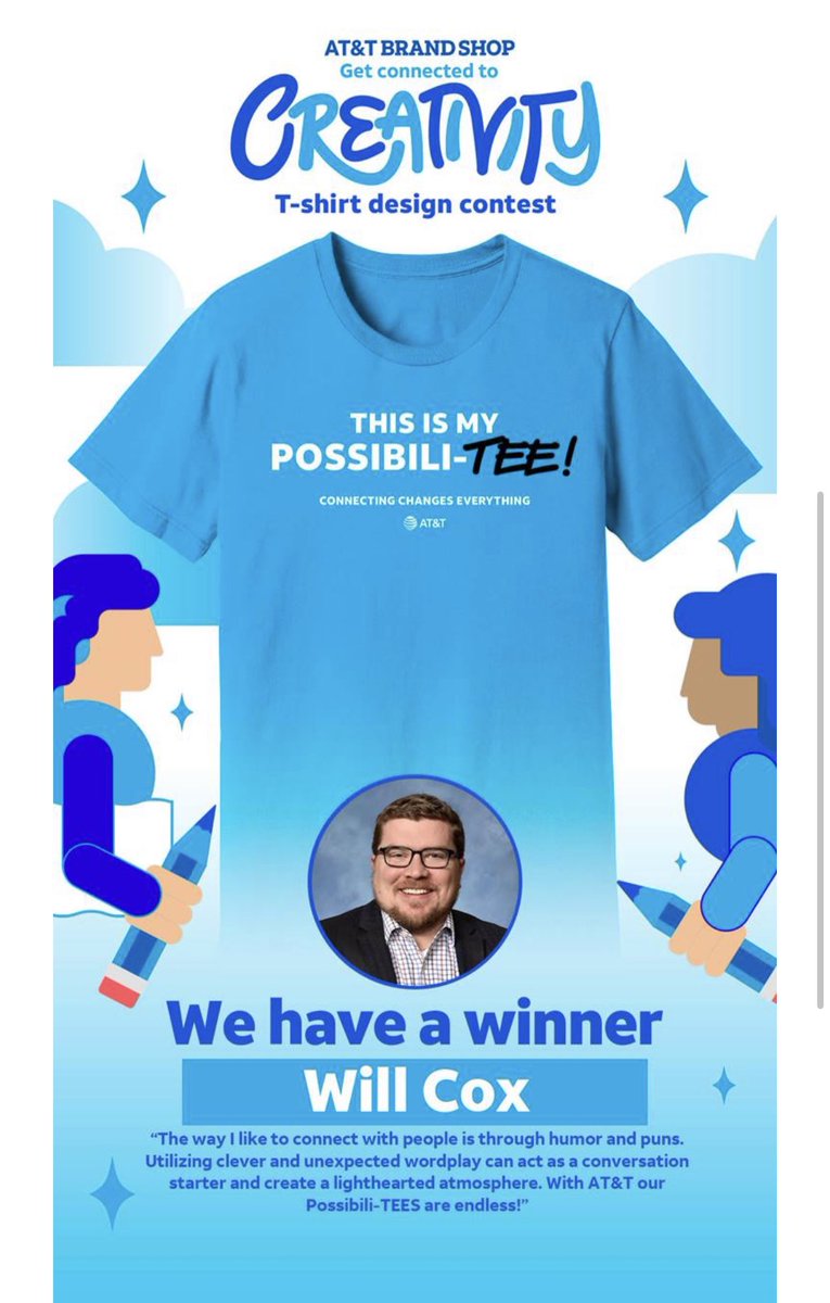 Really excited to announce my shirt was chosen as the “Get Connected to Creativity” design contest winner and is available now in the Brand Shop! Would love to see photos of it in the wild use hashtag #MyPossibilitee #LifeAtATT 

brandshop.att.com/atandt-possibi…