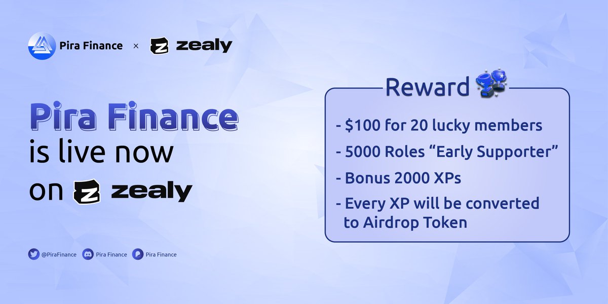 🟢 Pira Finance is live now on Zealy!

🎁 Reward: 
- $100 for 20 lucky members
- 5000 Roles "Early Supporter"
- Bonus 2000 XPs
- Every XP will be converted to Pira tokens

👉 Complete quests on Zealy to get Reward: zealy.io/c/pirafinance

#PiraFinance #Base #opBNB #Zealy