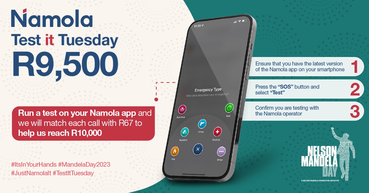NamolaApp's tweet image. We’re almost there - do your part and help us get to R10,000!

Press “SOS” -&amp;gt; “Test” and we will match you call with a R67 donation to the @JHBChildWelfare for #MandelaDay2023 

👉🏽 namola.co/getappTW 

#SouthAfrica #TestItTuesday #JustNamolaIt
@DStv