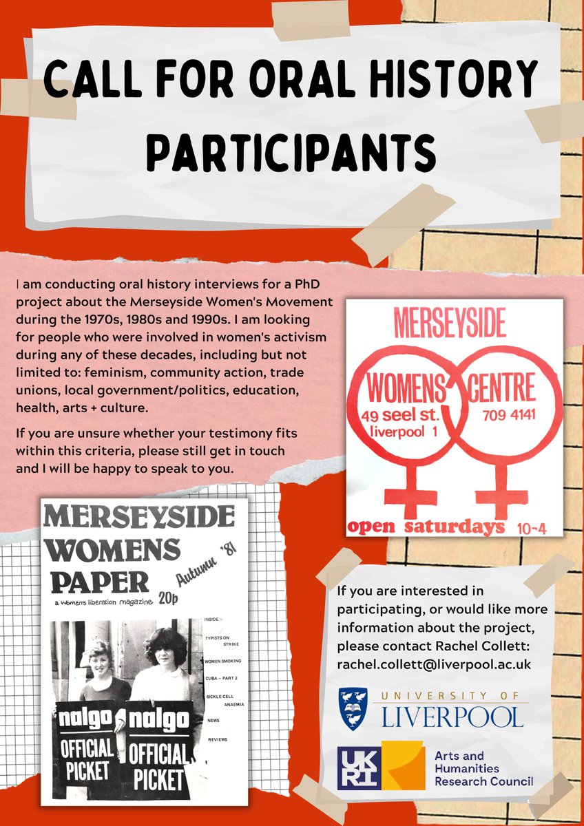 My ethics application was approved so I can finally share this! I'm conducting oral history interviews with people involved in the Merseyside women's movement c.1969-1990s. Please share far and wide and let me know if you/anyone you know are interested. Happy to share more deets!