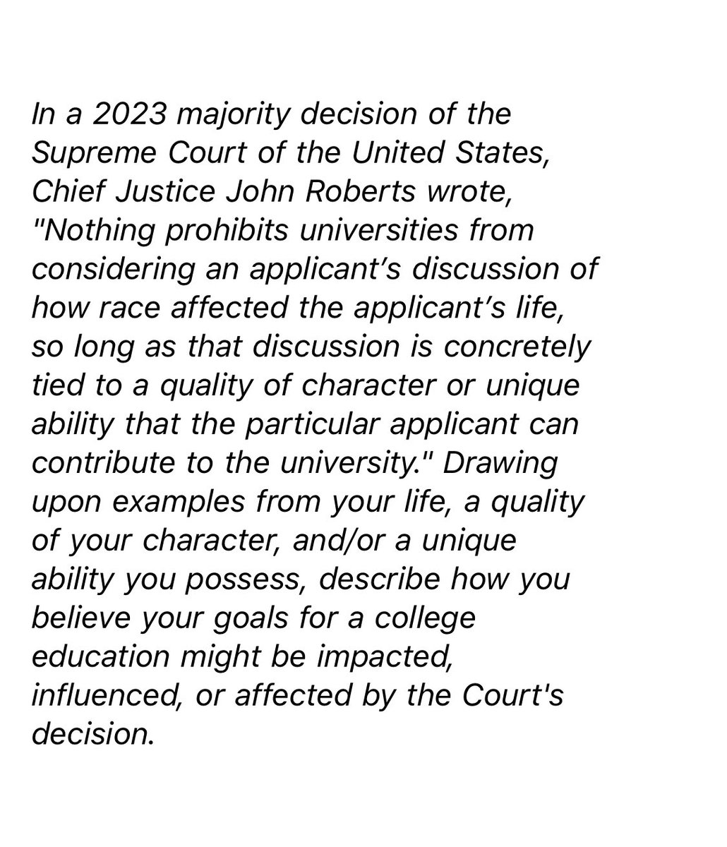 In response to the end of affirmative action, Sarah Lawrence, a private liberal arts college in Yonkers, added the following admissions essay prompt. It’s one of three options applicants can choose from: