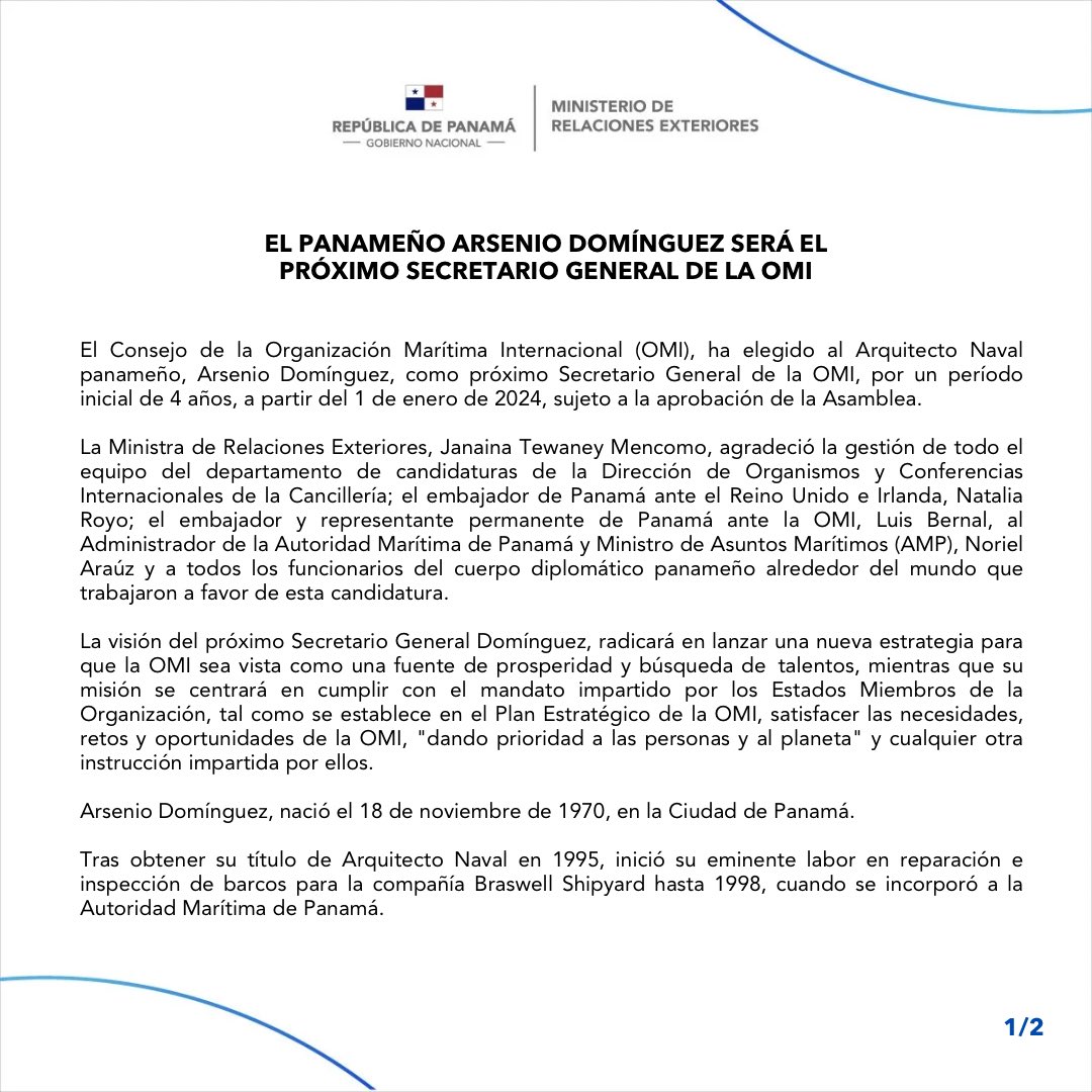 CancilleriaPma's tweet photo. El Consejo de la Organización Marítima Internacional @IMOHQ, ha elegido al Arquitecto Naval panameño, Arsenio Domínguez, como próximo Secretario General de la OMI. 

https://t.co/6KMeZ5MPz8 https://t.co/KPK4G1Pgh9
