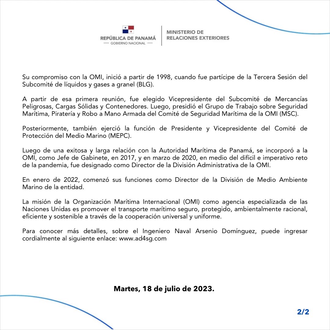 CancilleriaPma's tweet photo. El Consejo de la Organización Marítima Internacional @IMOHQ, ha elegido al Arquitecto Naval panameño, Arsenio Domínguez, como próximo Secretario General de la OMI. 

https://t.co/6KMeZ5MPz8 https://t.co/KPK4G1Pgh9
