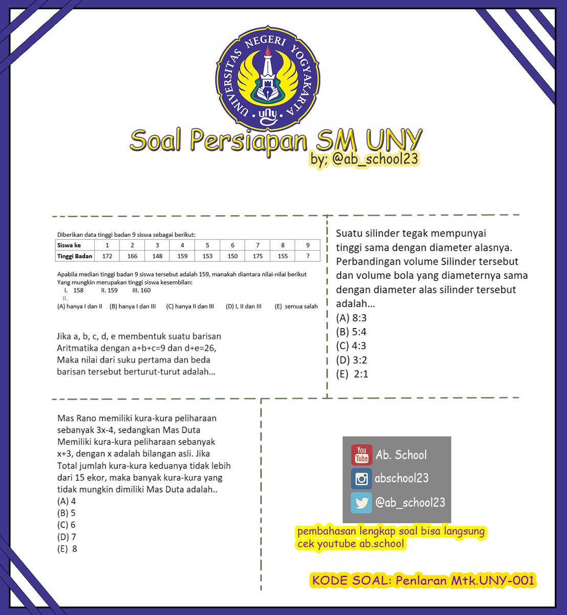 SM UNY 2023 Bag.1
Buat yang mau Tes Ujian Mandiri UNY (SM UNY), yuk latihan tipe soal-soal Penalaran Matematikanya yg sering muncul bagian 1! 
Untuk pembahasan lengkapnya bisa langsung cek kesini youtu.be/OhGMmFw7RL8