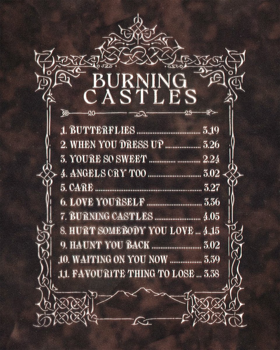 ༒⁣⁣⁣ BURNING CASTLES TRACK-LIST ༒⁣⁣⁣

got too impatient and couldn’t wait until the 29th of September to share this! 

If u have been to a show recently u might recognise some of these songs!
Let me know which one u are looking forward to hearing!? 🔓
