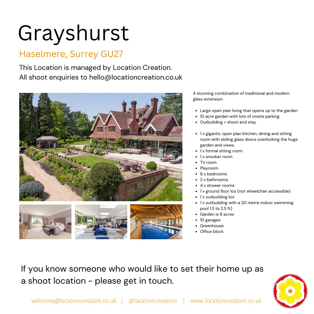 NEW: Grayshurst  

View location on our website here: locationcreation.co.uk/locations-1/gr…

IG: @location.creation
.
.
.
#locationcreation #shootlocationsuk #shootlocations #ukfilmlocations #shoothere #filmuk #filmshoots #luxurylocations #filmshoots #locationhouse #surrey