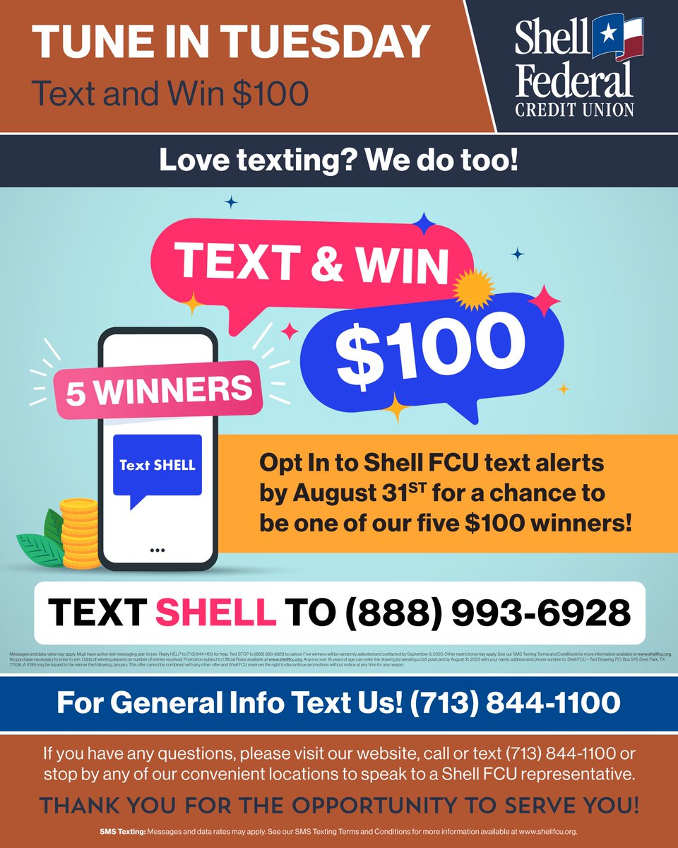 shellfcu's tweet photo. Happy #TuneInTuesday!
Have you texted us? ๐ฒ You could be one of FIVE $100 winners! ๐ค
#ShellFCU #GrowingTogether https://t.co/gwvL1zDyPL