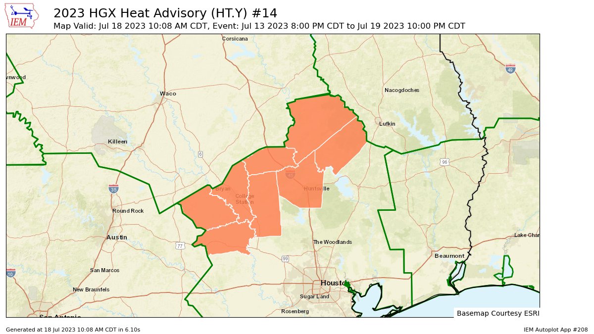 HGX continues Heat Advisory for Brazos, Burleson, Grimes, Houston, Madison, Trinity, Walker, Washington [TX] till Jul 19, 10:00 PM CDT https://t.co/Nf872TrZCS https://t.co/T56PIowJga