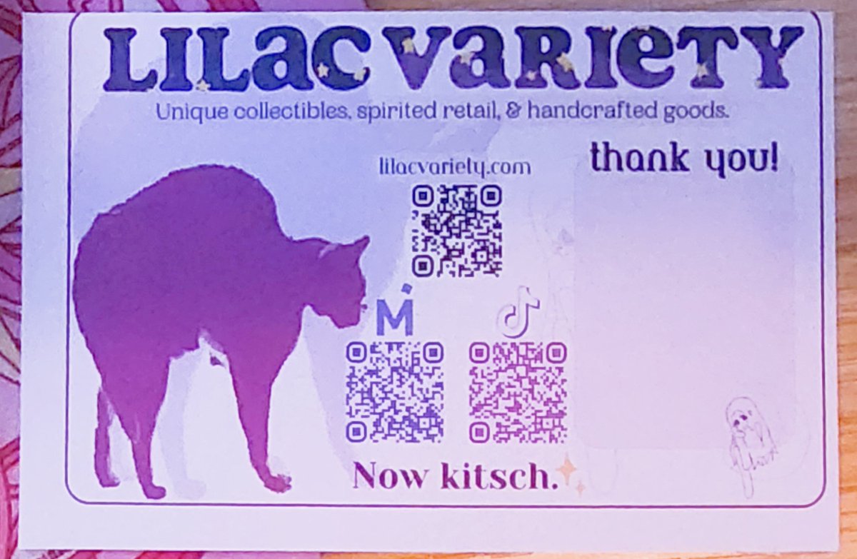 LilacVariety's tweet photo. The latest order fulfillment thank you card features Cookie and a space to write a handwritten note. Even when the handwriting is veryyyyyyy bad. https://t.co/xz2x7tLcB5