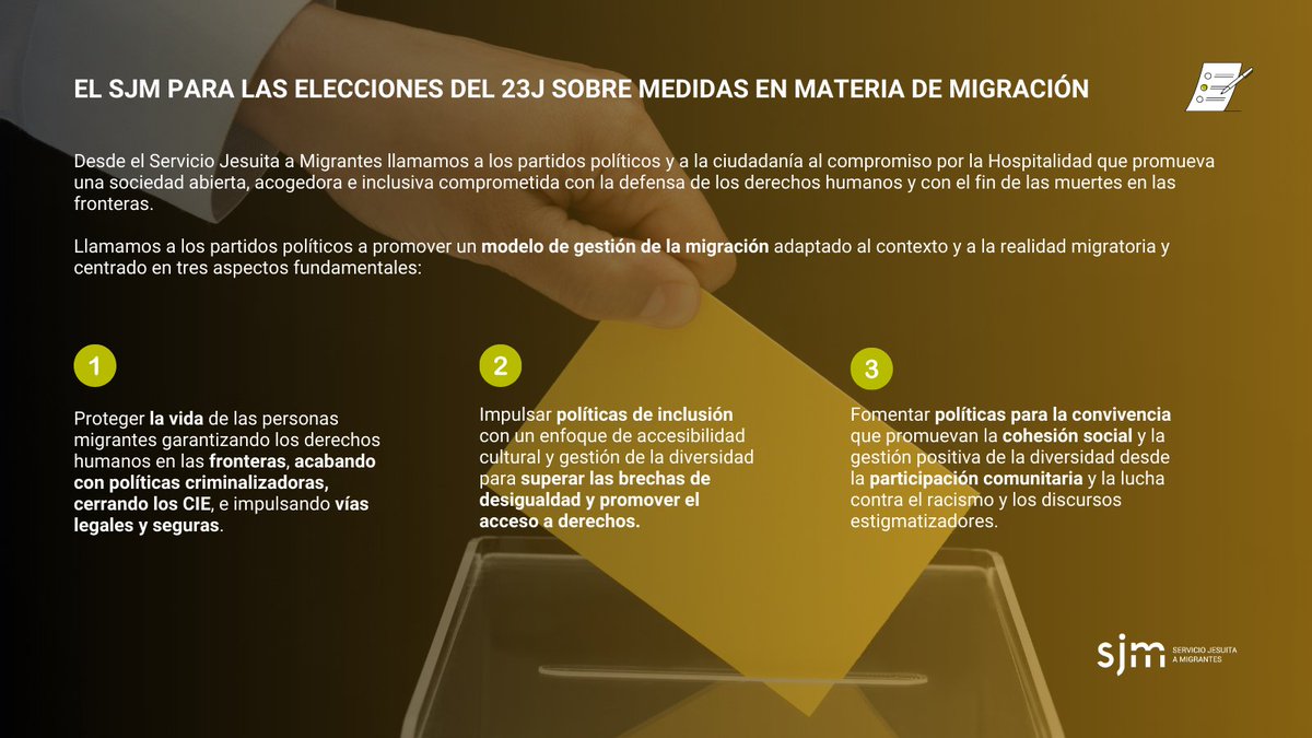 🗳️De cara a las #Elecciones23J lanzamos una serie de propuestas en materia de migración y analizamos las principales medidas en los programas de los partidos políticos estatales. #23J 

📷Comunicado completo:sjme.org/coms/comunicad…