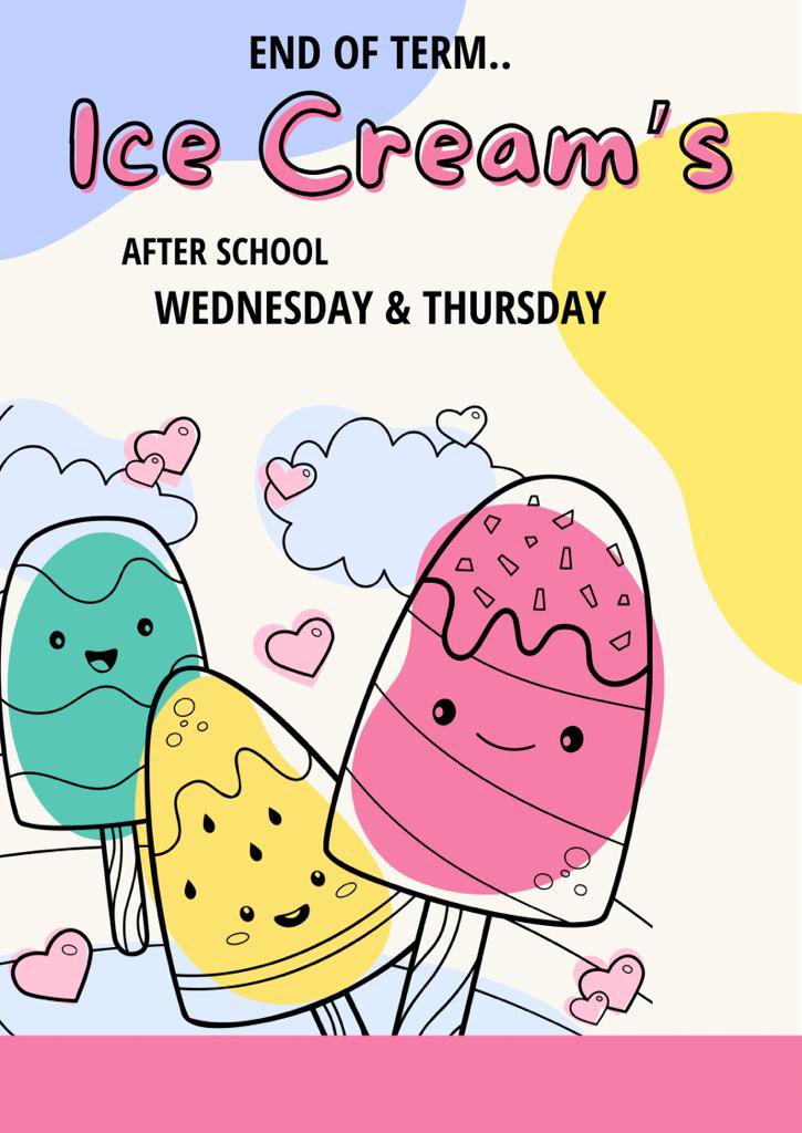 We will be selling ice creams tomorrow &amp; Thursday (not Friday). Cash or card but minimum spend with card is £1. 🤞🏻☀️🍦

#finallytheholidays #grearbritishsummer #schoolfundraising