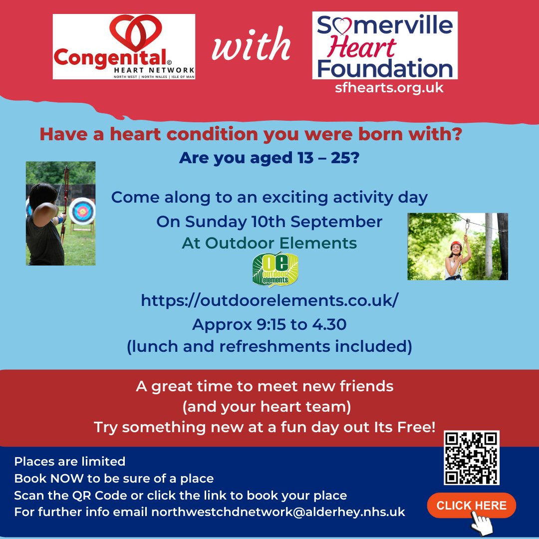 Somerville Heart Foundation (@heartsomerville) on Twitter photo Are you a congenital heart disease patient who lives in the North West, North Wales or the Isle of Man? Are you aged between 13 & 25? This event is for you! Book by 31st July 2023.
For more information please email northwestchdnetwork@alderhey.nhs.uk
<a href="/NwchdN/">NWCHDNetwork</a> Are you a congenital heart disease patient who lives in the North West, North Wales or the Isle of Man? Are you aged between 13 & 25? This event is for you! Book by 31st July 2023.
For more information please email northwestchdnetwork@alderhey.nhs.uk
<a href="/NwchdN/">NWCHDNetwork</a>