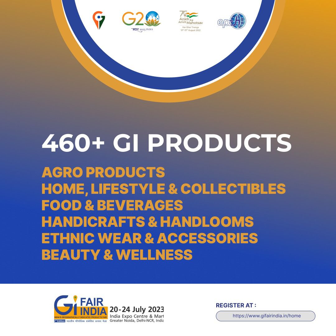IndiaGIFair's tweet photo. Join us at GI Fair 2023 showcasing 460+ GI, agro, lifestyle, &amp; food products. Mark your calendars for 20-24 July 2023 at India Expo Centre &amp; Mart, Greater Noida Expressway, Delhi-NCR. 
Register at:
https://t.co/EbVI5QrWMR https://t.co/IZj8Lmrf6Q