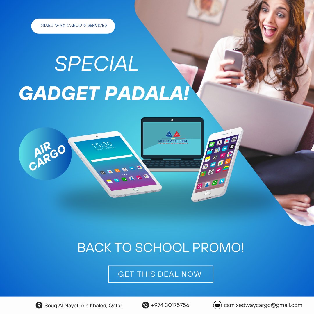 👩‍💻👨‍🏭👩‍🏫Back to School Promo❗️
Magpadala na ng gadgets sa inyong mga Estudyante sa Pilipinas. 🇵🇭

Fastest and Cheapest rate 😲

Inquire na sa +974 30175756

#mixedwaycargo #gadgets #gadgetspadala #aircargo #aircargologistics #fastest #Cheapest #BackToSchoolPromo