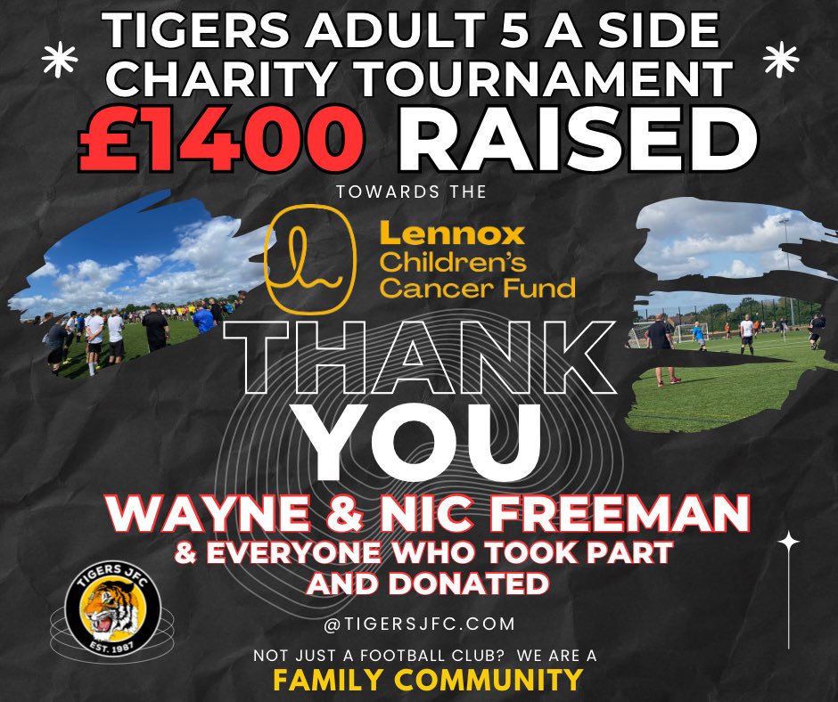 TigersJFC's tweet photo. Massive congratulations to Wayne @ &amp; Nicola Freeman who hosted a fantastic Tigers Adult Charity Tournament on Sunday which raised a massive £1400 for the @LennoxCCF A great day with the winners Tigers Girls U12’s Red Parents being crowned “Champions” #Tigersfamily #COYTigers https://t.co/xV8BwzFbj3
