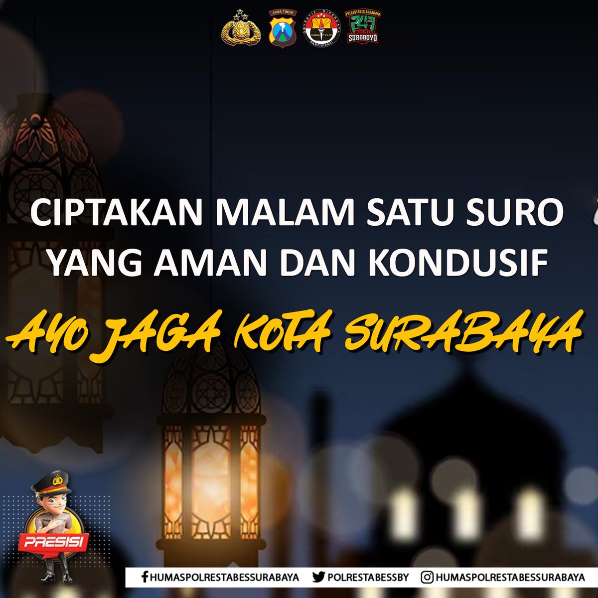Ayo Rek..!!! 
Ciptakan Malam Satu Suro Yang Aman dan Kondusif. 

Wani Jogo Suroboyo🔥

#PolrestabesSurabaya
#PoldaJatim #Polri #JogoSuroboyo
#JogoSuroboyo2407 #HariBhayangkaraKe77 #HumasPolri #PolisiIndonesia #Surabaya  #SatuSuro