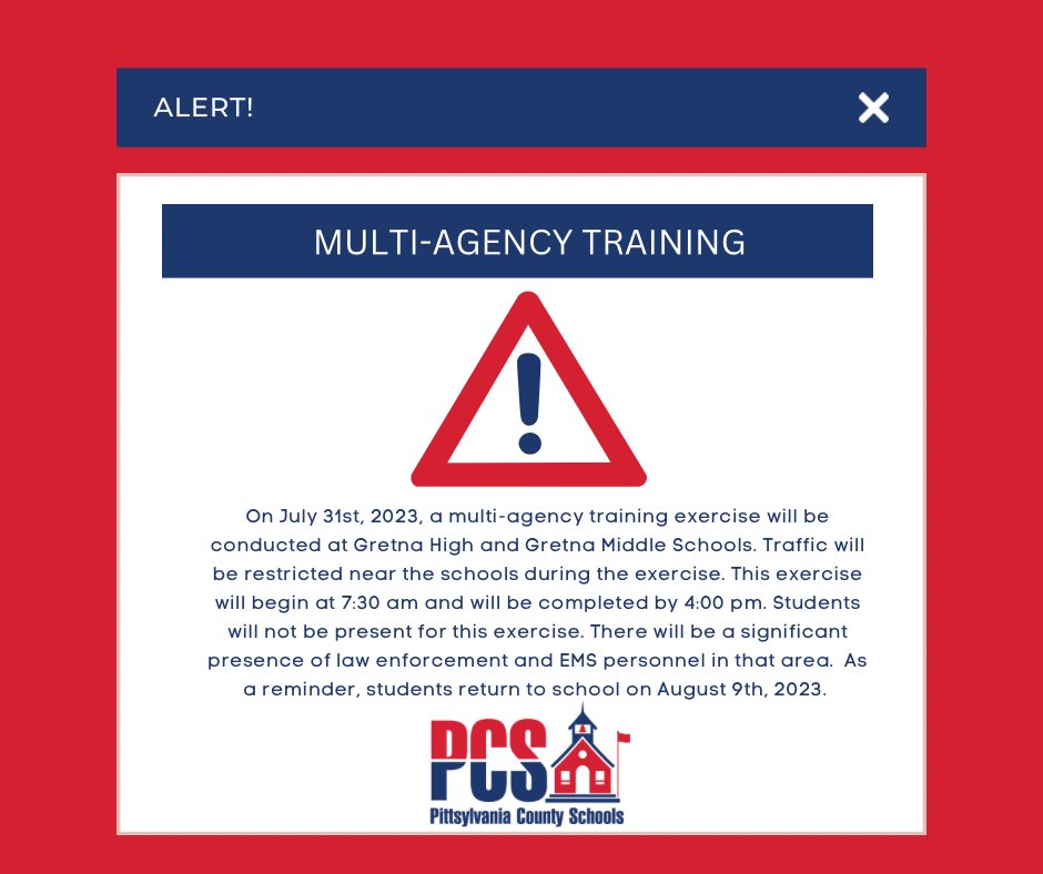 Please see the following post regarding a multi-agency training exercise that will take place on July 31, 2023 at Gretna High and Gretna Middle.