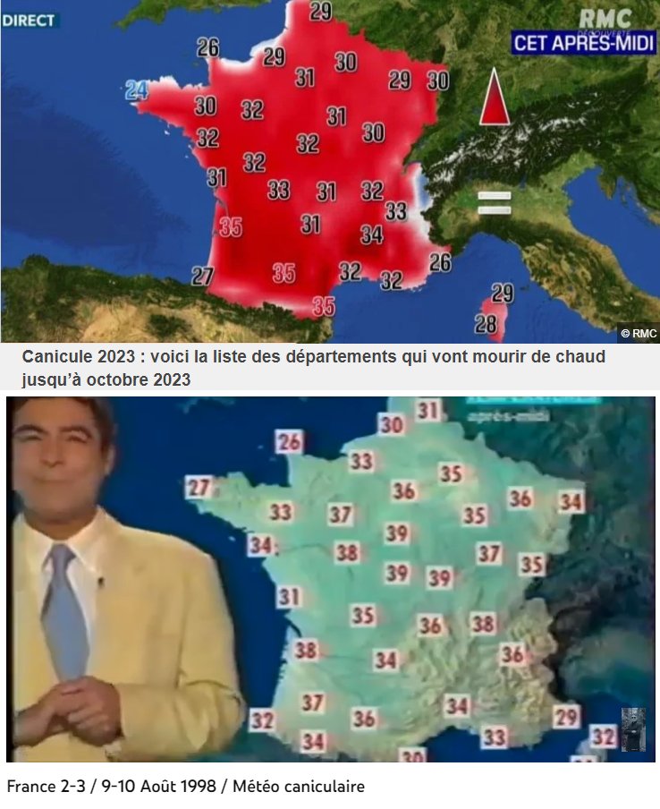 Noiregoutte's tweet image. 10 août 1998 - juillet 2023 : 25 années séparent ces deux bulletins météorologiques.

Ne vous laissez pas influencer par les escrocs du climat, leurs cartes de la honte et leurs manipulations malveillantes.
 
#caniculemoncul 
#secheressemoncul 
#canicule 
#ClimateScam