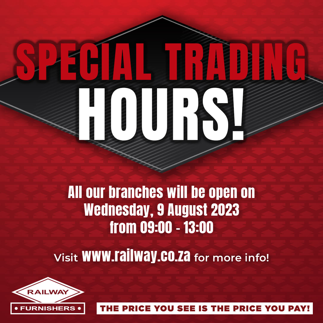 rail_furn's tweet photo. All branches will be OPEN on Wednesday, 9 August from 9-1! Happy shopping! #RailwayFurnishers #PublicHolidayTradingHours #womensday https://t.co/ucXcSaSIcV