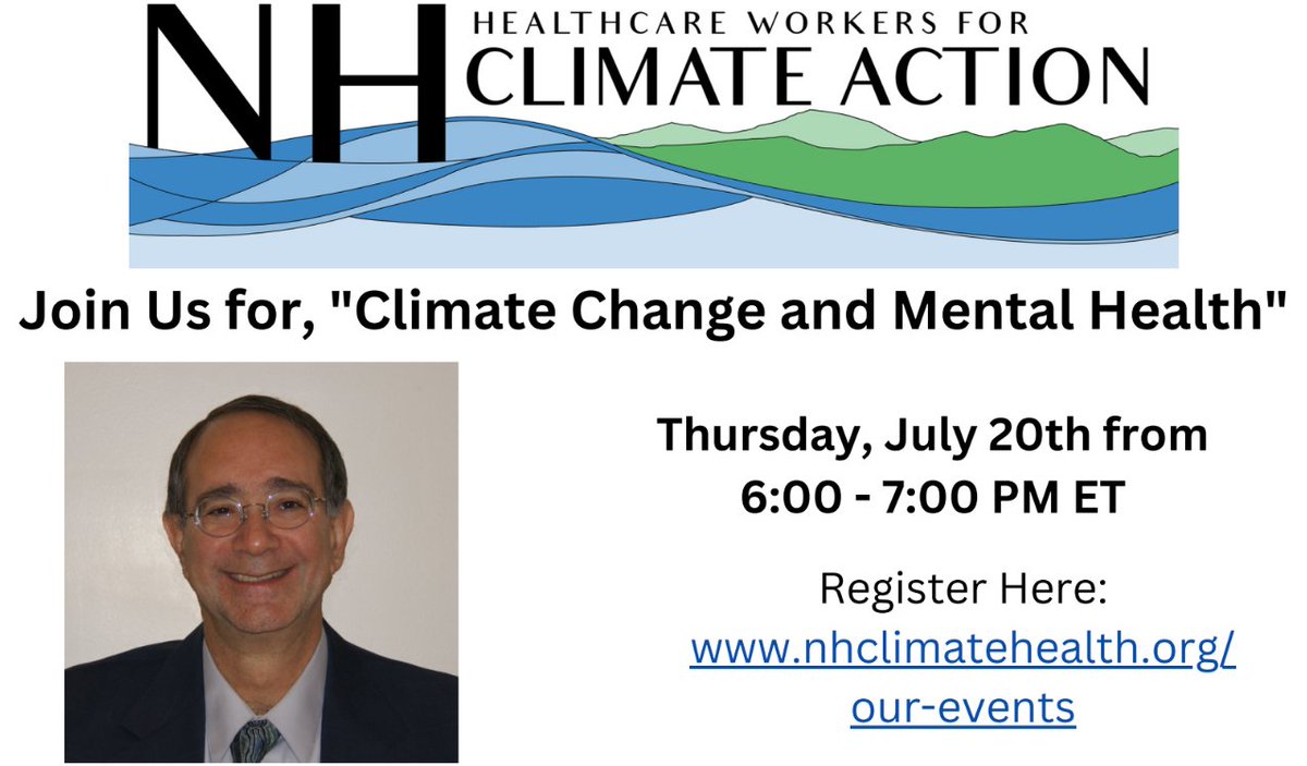 ClimatePsychia1's tweet image. Thursday, July 20 6-7 PM ET, CPA SC member Dr. Robert Feder will be giving an in-depth webinar presentation on "Climate Change and Mental Health". 
Continuing education credits available for the event.

Register: nhclimatehealth.org/our-events