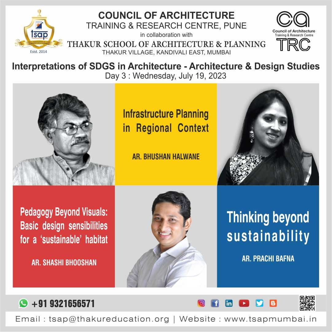 #TSAP #thakurschoolofarchitectureandplanning #architecture #fdp #facultydevelopmentprogram #coa #councilofarchitecture #trc #trainingandresearchcentre #design #guestlecture #speaker #Online